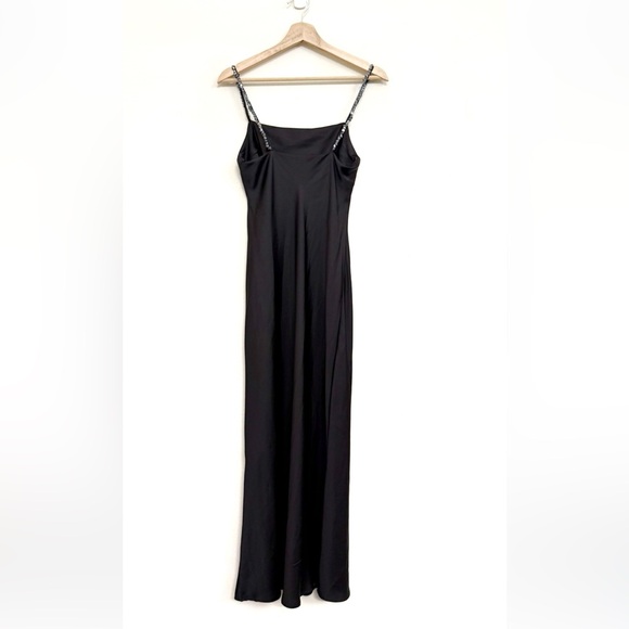 Elegant NWT Zara Satin Slip Black Midi Dress with Beaded Shoulder Straps Size S - Picture 8 of 15